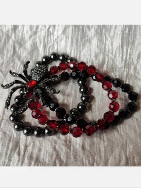 Triple Strand Beaded Stretch Bracelet Red Black Hematite Beads Halloween Jewelry